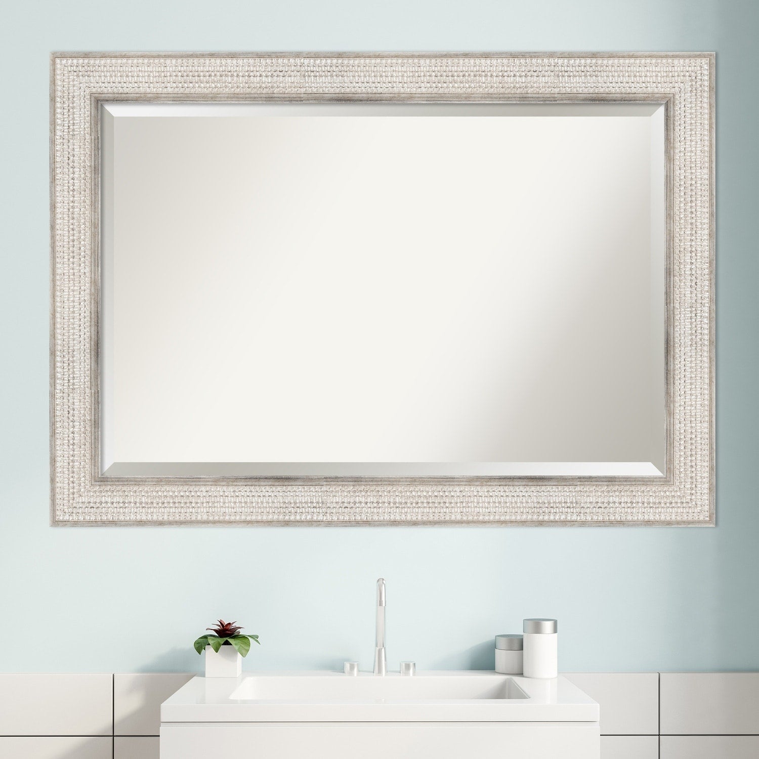 Miroir mural de salle de bain en bois biseauté - Cadre argenté à motif treillis - Argent treillis