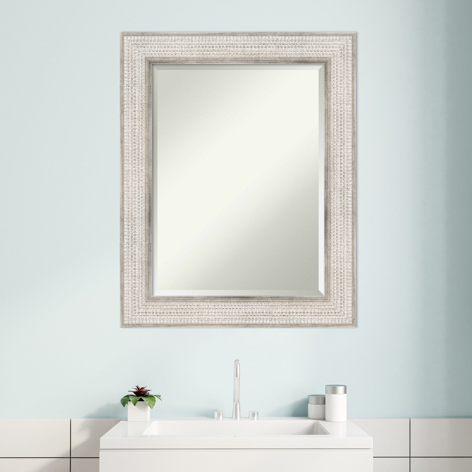 Miroir mural de salle de bain en bois biseauté - Cadre argenté à motif treillis - Argent treillis