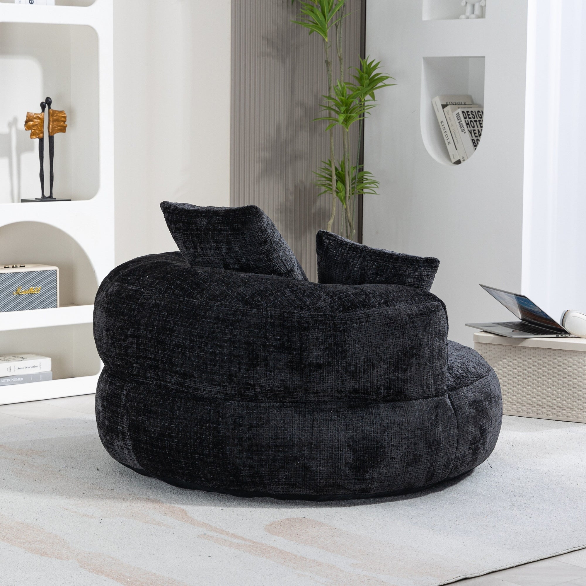 Pouf poire géant noir surdimensionné en chenille de 42,52 pouces avec trois coussins pour chambre à coucher