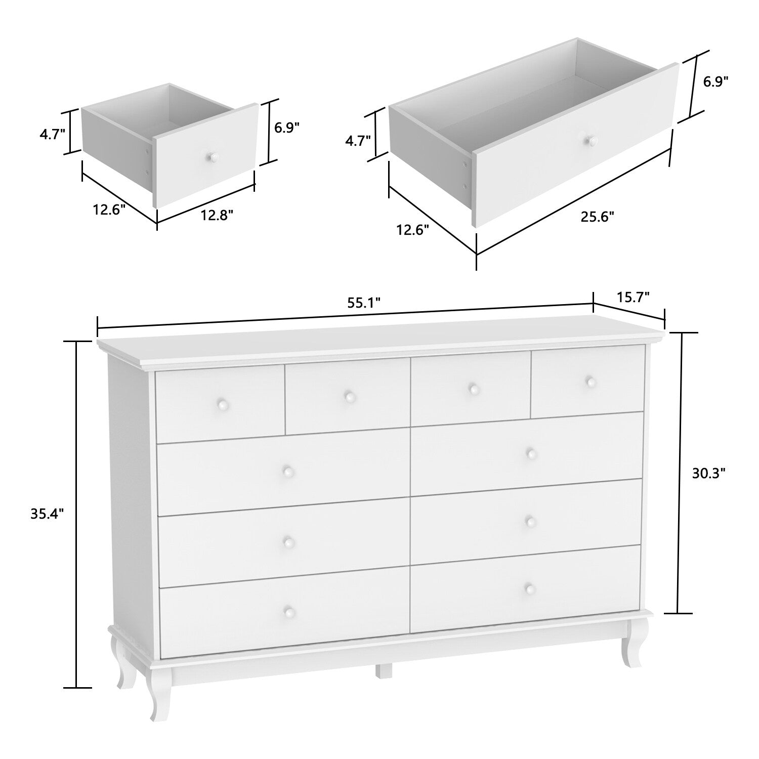 Commode double à 10 tiroirs pour chambre à coucher, blanche, grand espace de rangement
