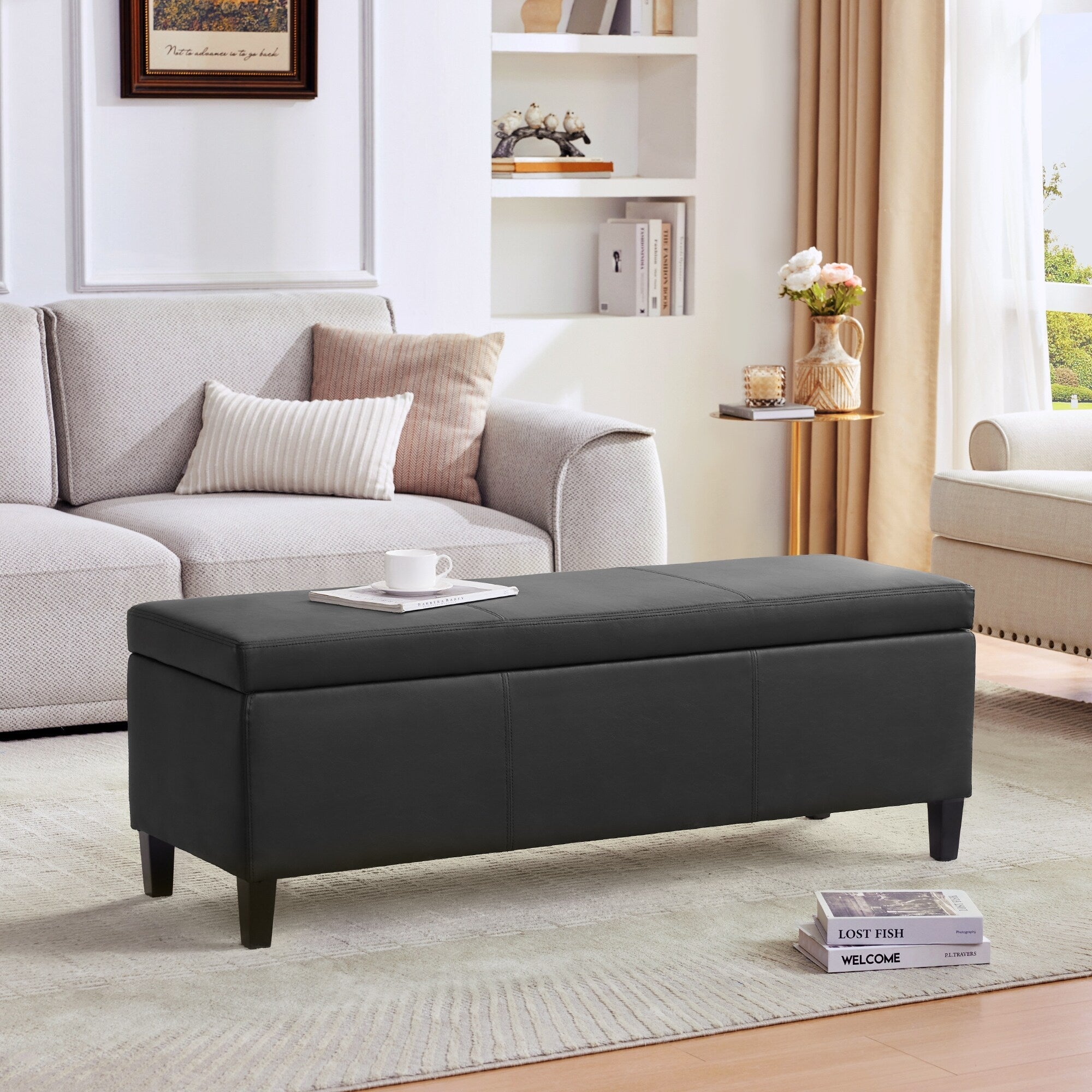 Pouf de rangement rectangulaire capitonné en similicuir (50,3 x 17,50 x 18 cm)