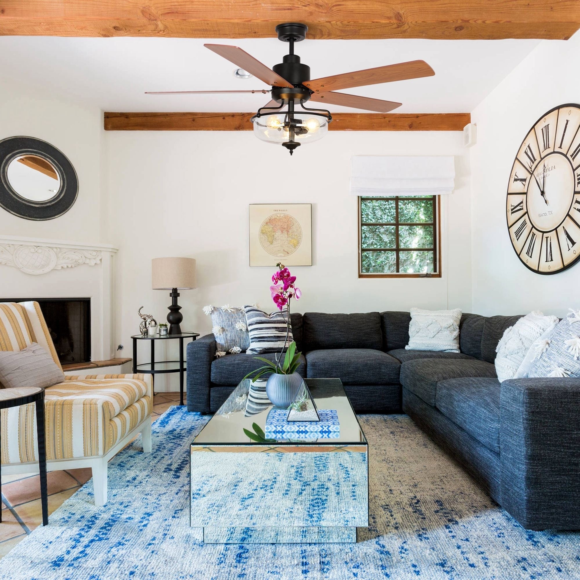 Ventilateur de plafond réversible en bois de 52 pouces, 5 pales, 3 lumières et télécommande