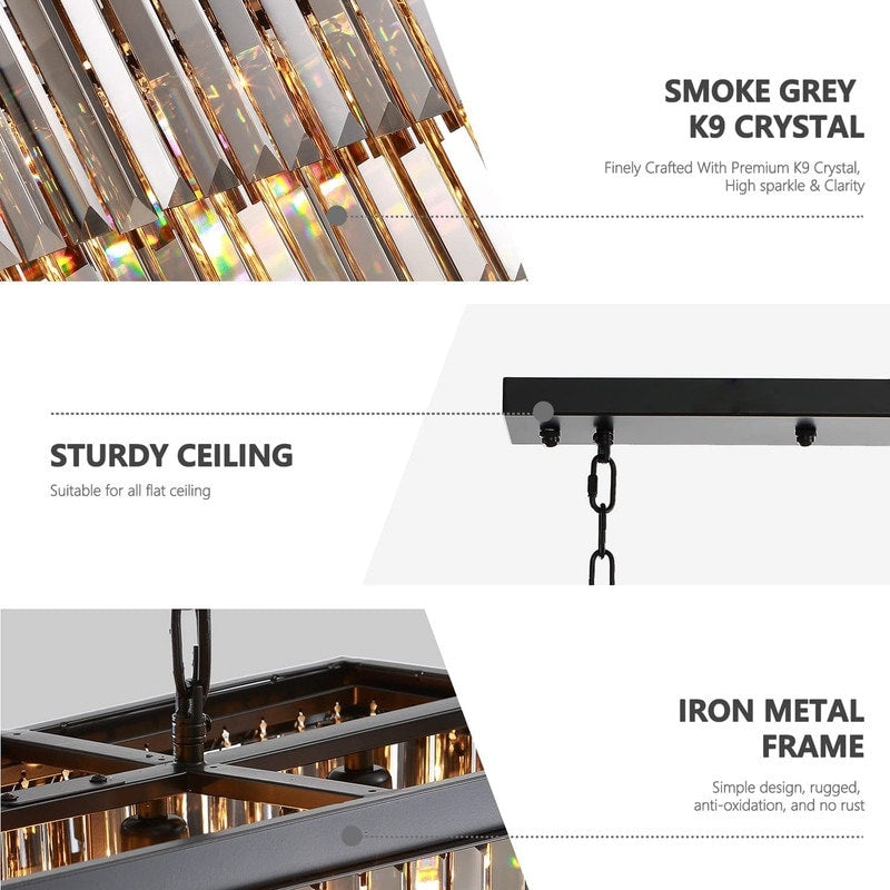 Lustre moderne contemporain en cristal gris fumé et noir à deux niveaux, suspension linéaire pour îlot de cuisine ou salle à manger, 119 cm (47 po).