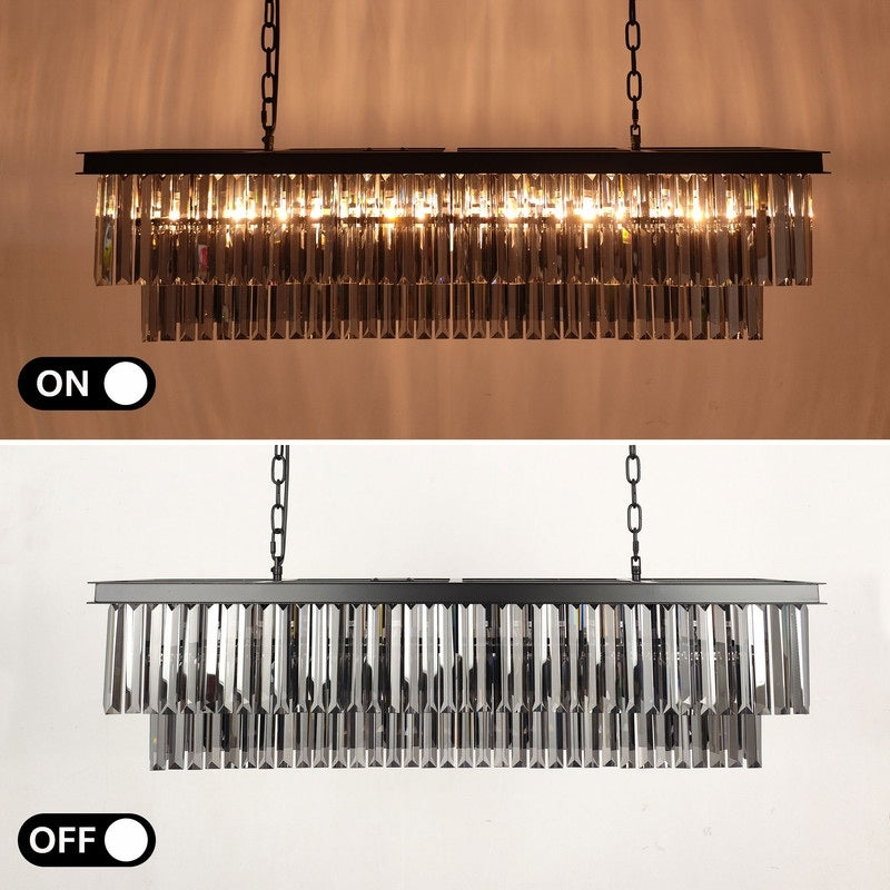 Lustre moderne contemporain en cristal gris fumé et noir à deux niveaux, suspension linéaire pour îlot de cuisine ou salle à manger, 119 cm (47 po).