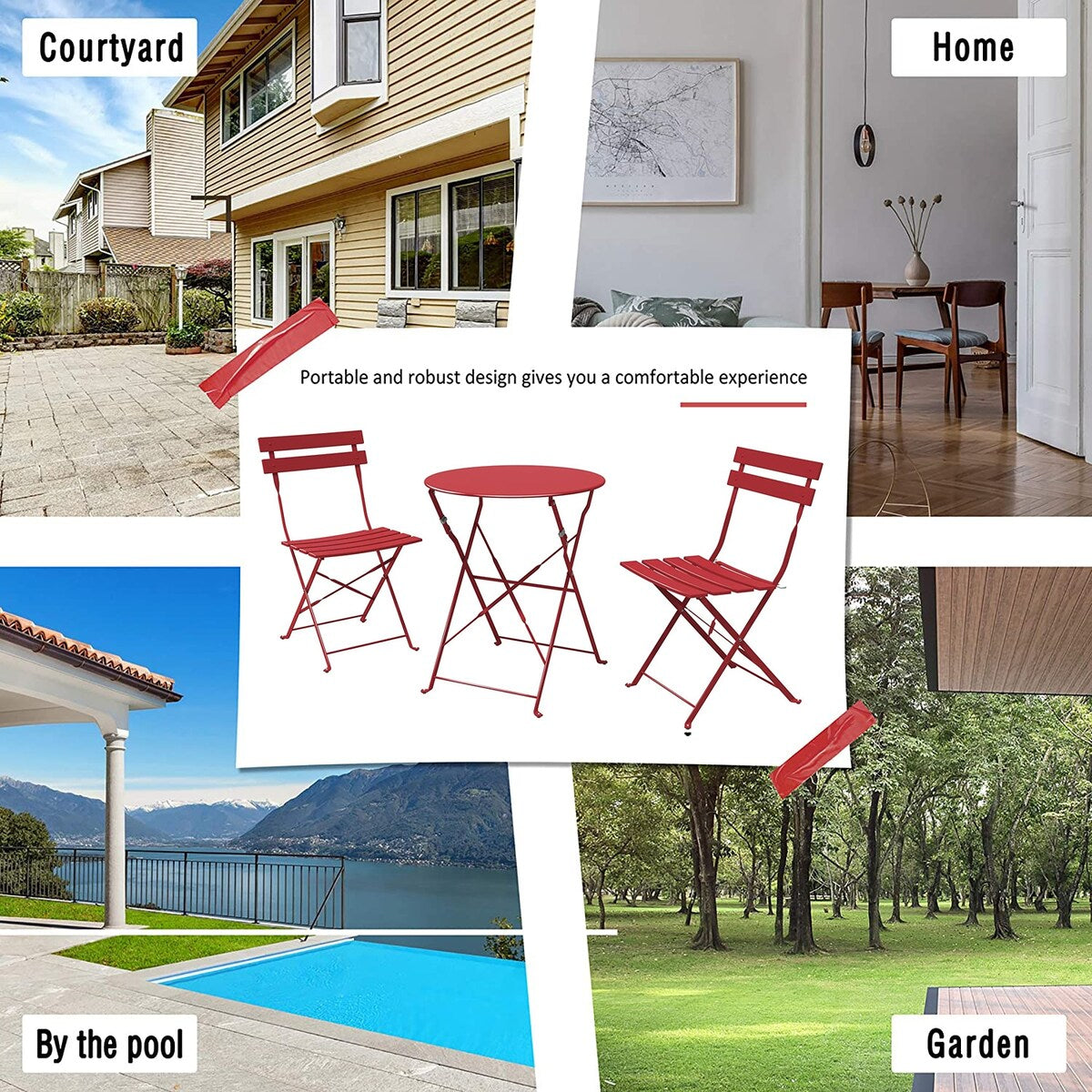 Ensemble bistro pliable en métal 3 pièces, résistant aux intempéries, idéal pour l'intérieur et l'extérieur, avec terrasse, jardin ou cour.