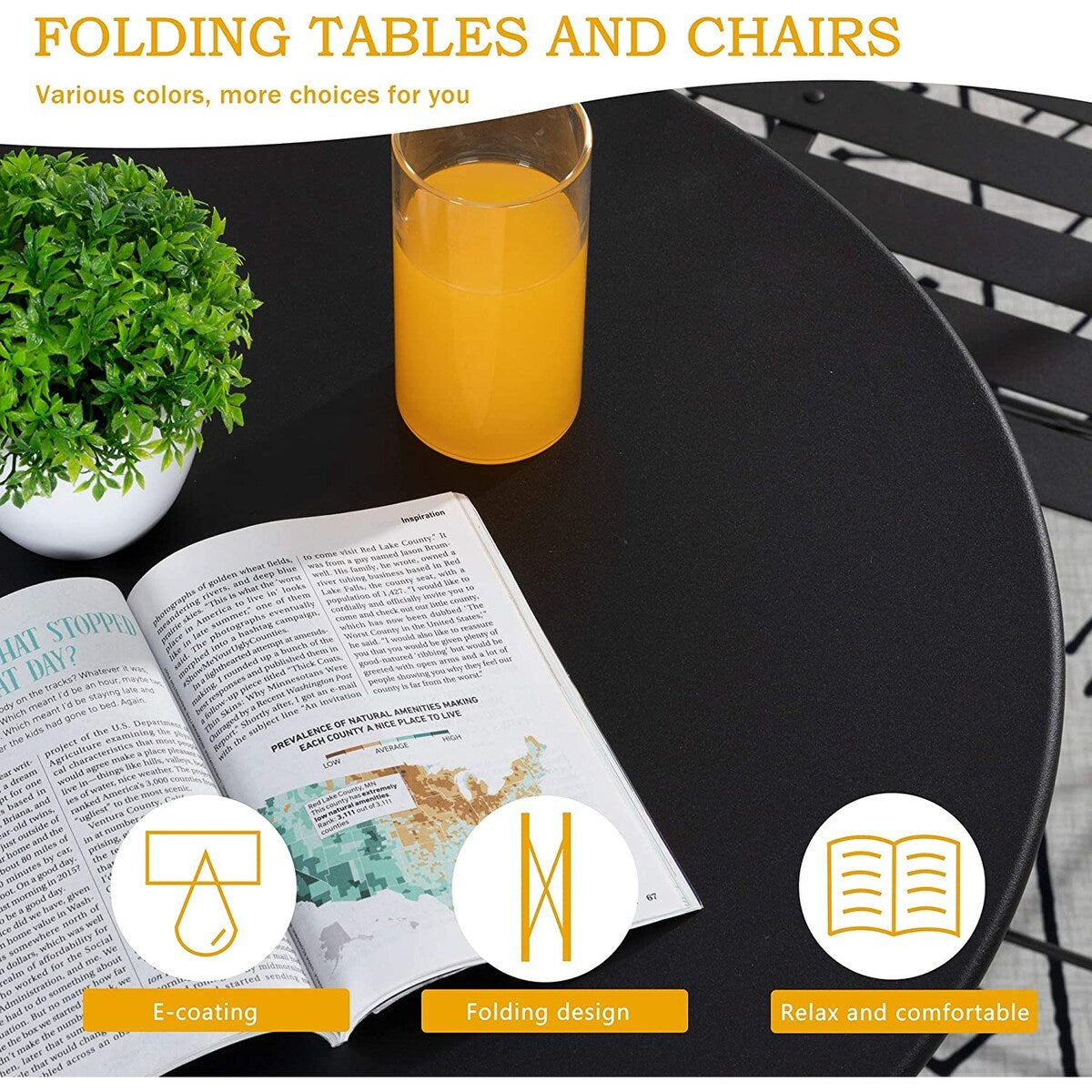 Ensemble bistro pliable en métal 3 pièces, résistant aux intempéries, idéal pour l'intérieur et l'extérieur, avec terrasse, jardin ou cour.