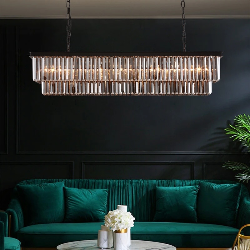 Lustre moderne contemporain en cristal gris fumé et noir à deux niveaux, suspension linéaire pour îlot de cuisine ou salle à manger, 119 cm (47 po).