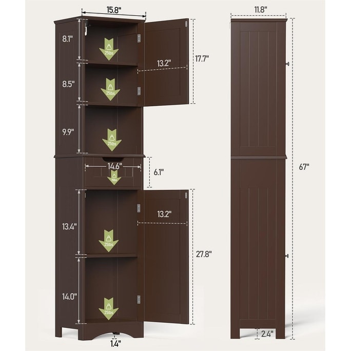Armoire à linge étroite de salle de bain de 170 cm de haut, 5 niveaux, en bois massif, meuble de rangement autoportant