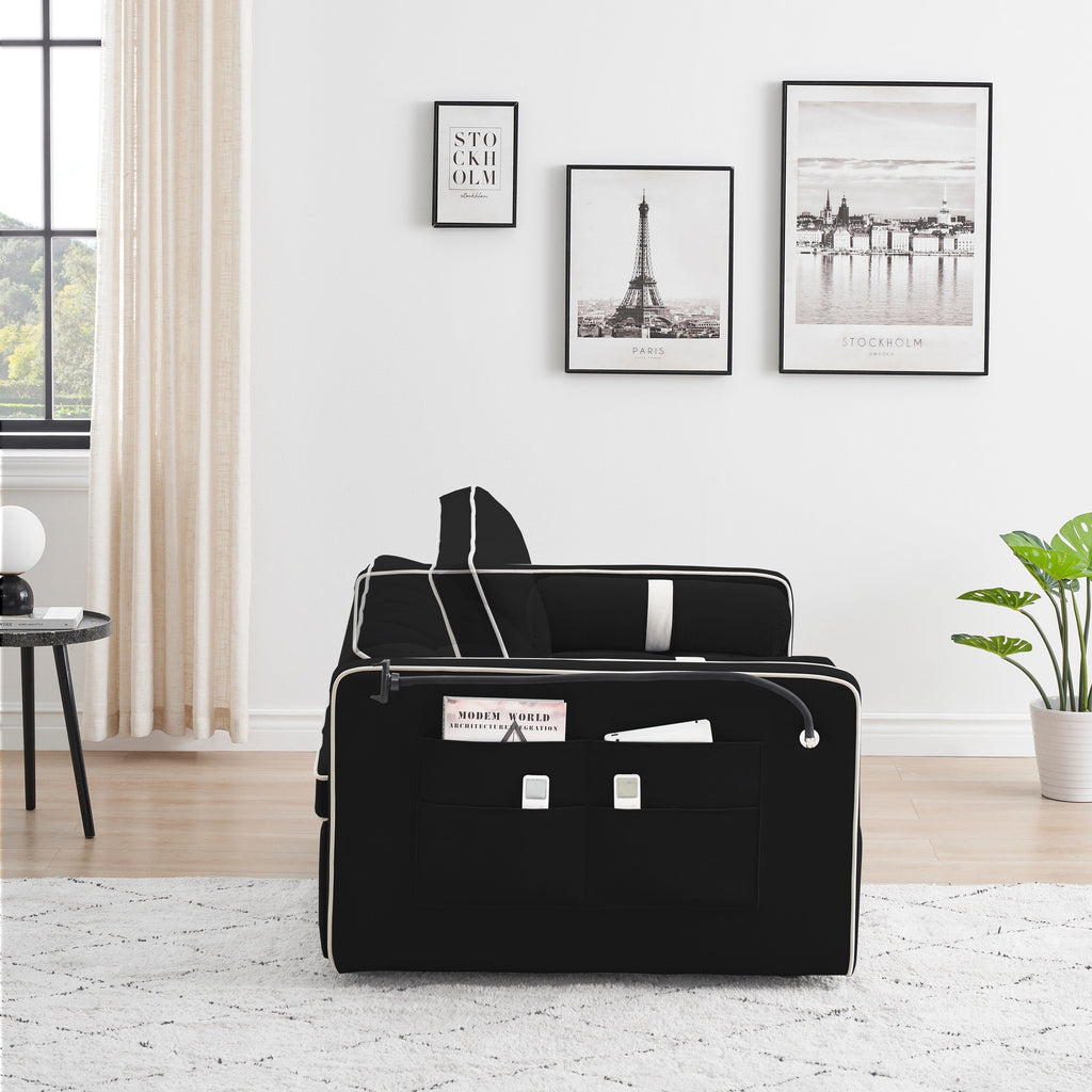 Canapé-lit convertible 2 places en velours de 140 cm avec lit gigogne, dossier inclinable, poches latérales et support pour téléphone