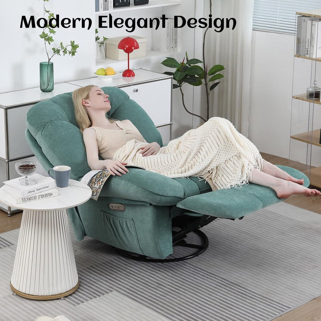 Fauteuil inclinable pivotant électrique XINMICS, fauteuil massant à bascule avec fonction chauffante, ports USB et USB-C et poche latérale