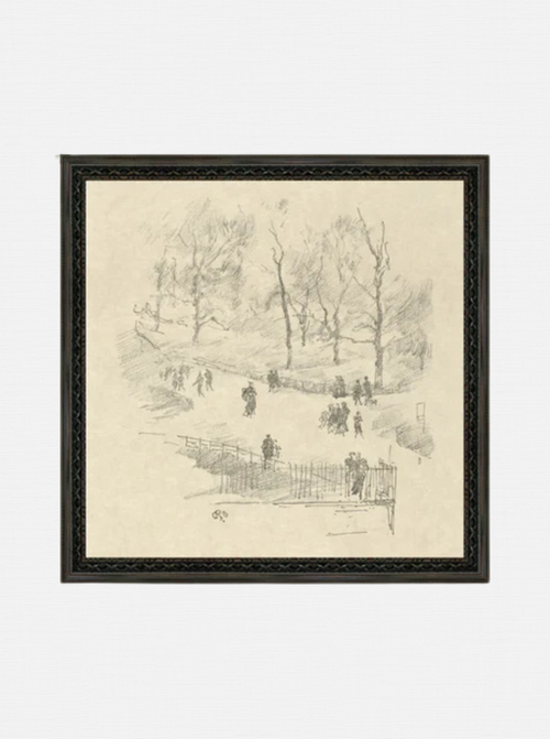 Promenade hivernale - Croquis au crayon - Estampe monochrome représentant un parc enneigé - 20 x 25 cm (encadrée)