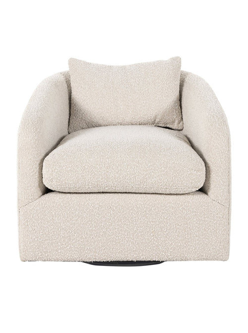 Fauteuil pivotant Abby avec revêtement moelleux et coussin inclus pour un confort optimal dans votre salon.