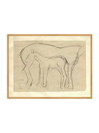 Croquis original dessiné à la main au crayon, représentant un poulain, sur papier mat. Moment entre une mère et son poulain.