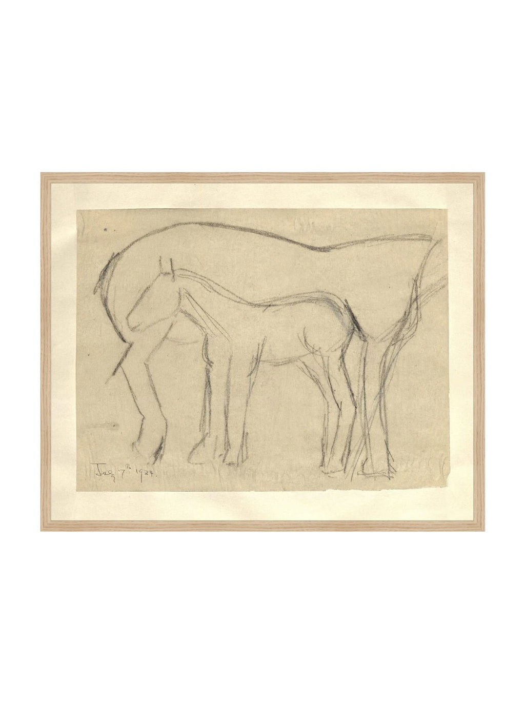 Croquis original dessiné à la main au crayon, représentant un poulain, sur papier mat. Moment entre une mère et son poulain.