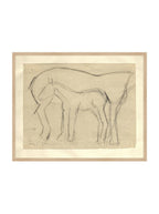 Croquis original dessiné à la main au crayon, représentant un poulain, sur papier mat. Moment entre une mère et son poulain.