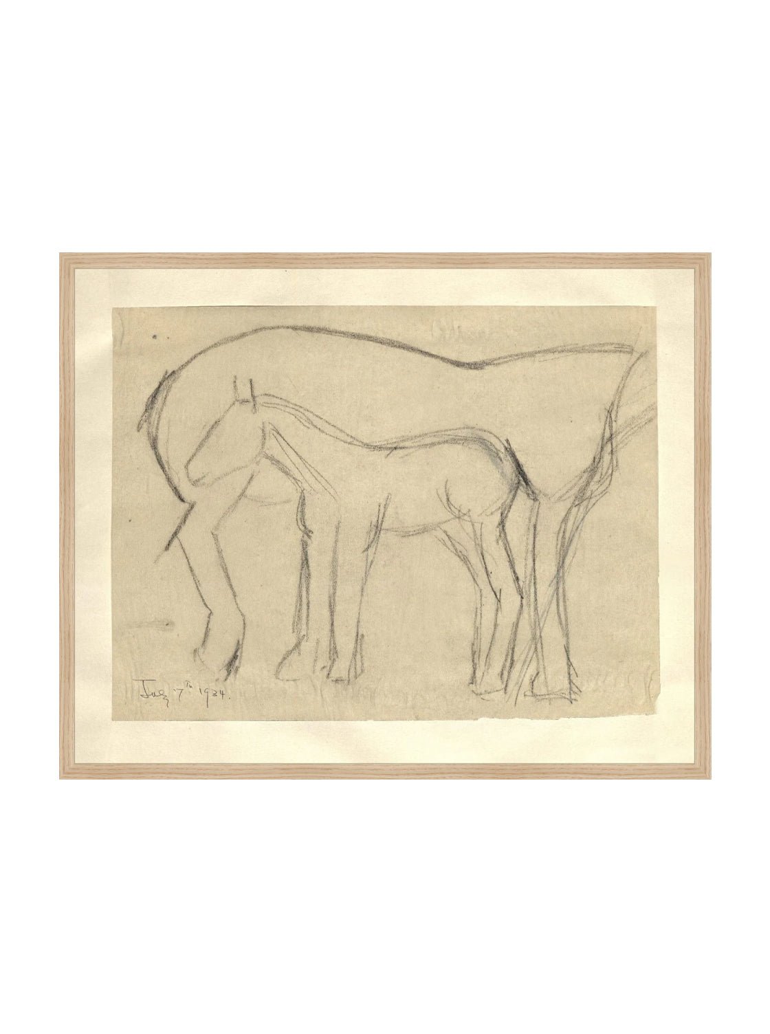 Croquis original dessiné à la main au crayon, représentant un poulain, sur papier mat. Moment entre une mère et son poulain.