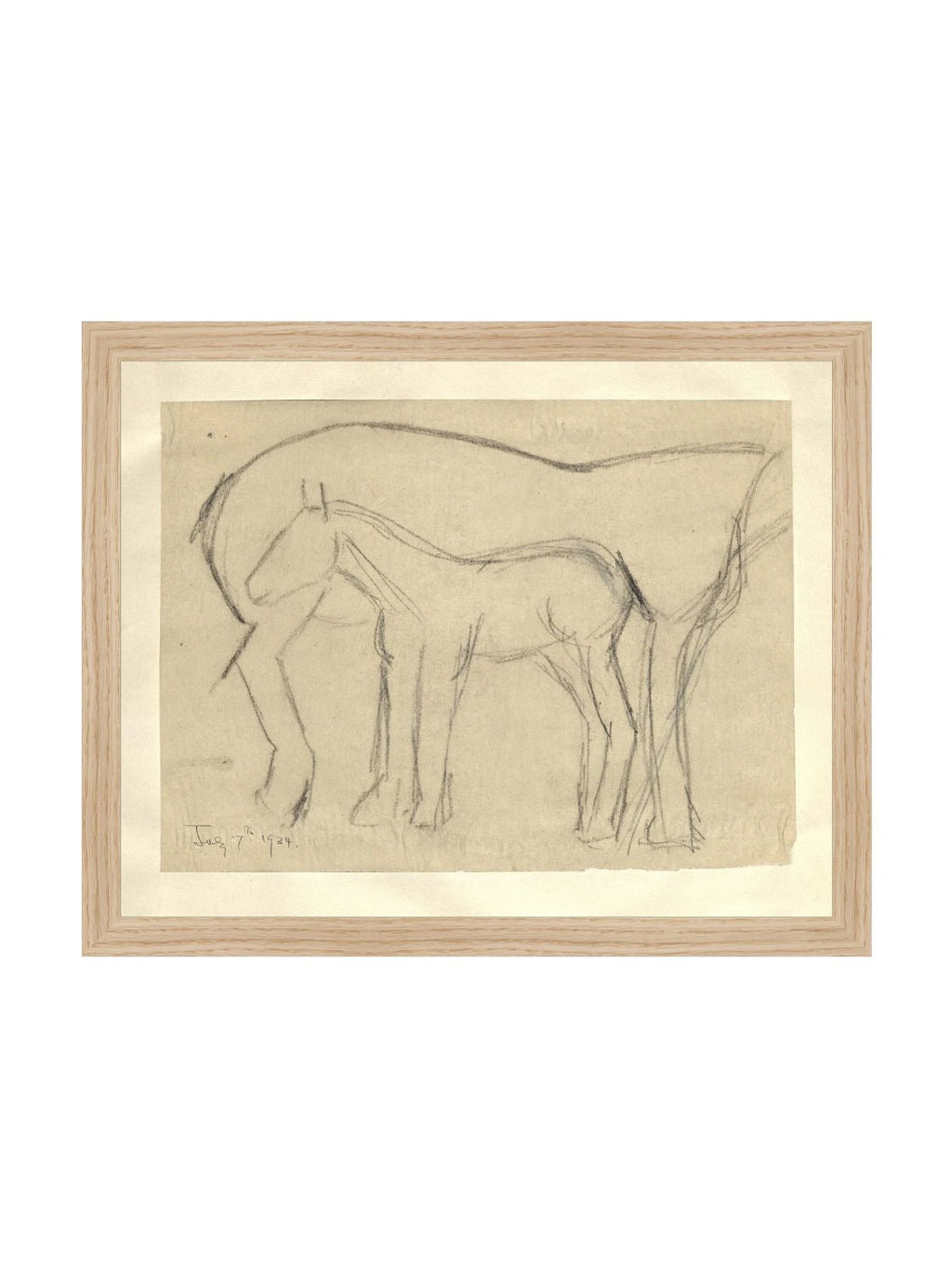 Croquis original dessiné à la main au crayon, représentant un poulain, sur papier mat. Moment entre une mère et son poulain.