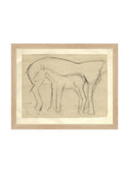 Croquis original dessiné à la main au crayon, représentant un poulain, sur papier mat. Moment entre une mère et son poulain.