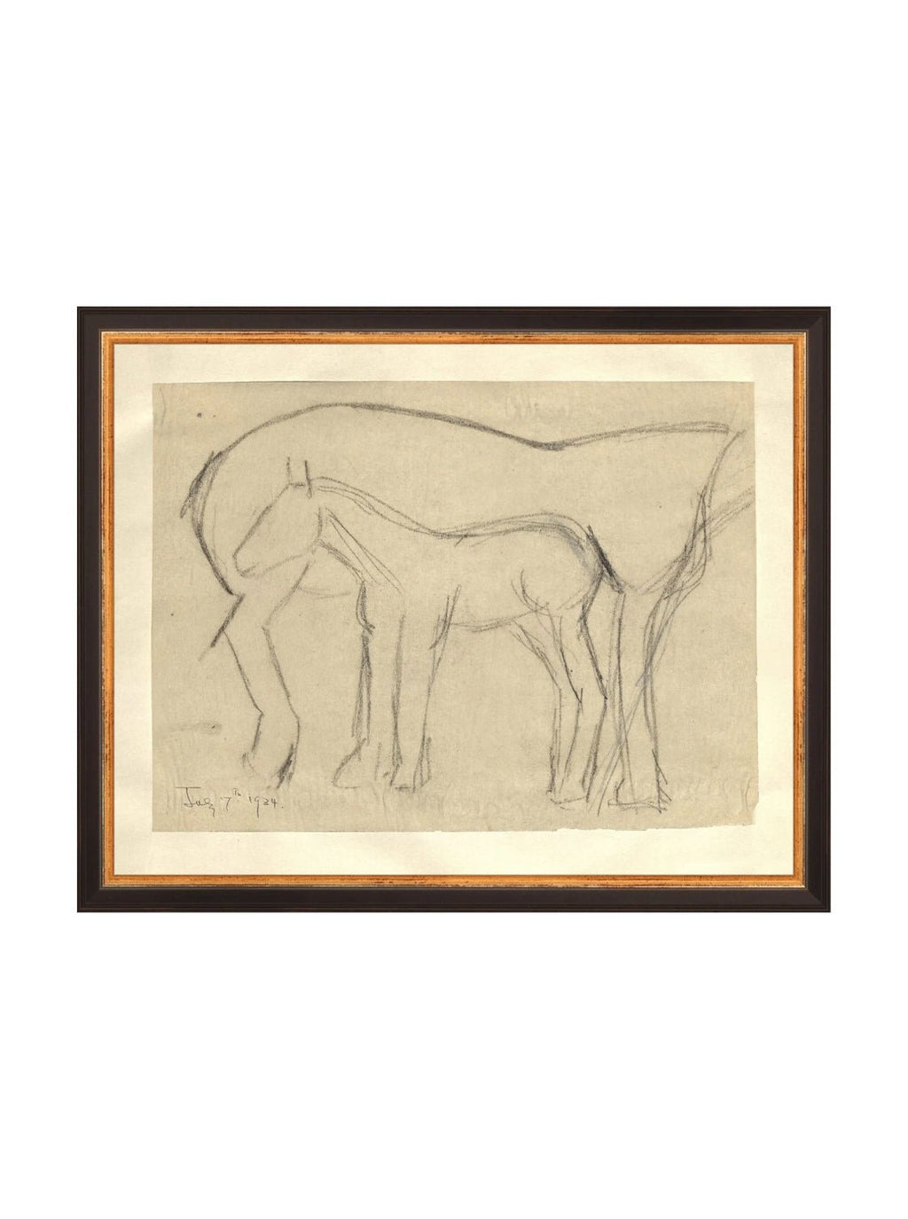 Croquis original dessiné à la main au crayon, représentant un poulain, sur papier mat. Moment entre une mère et son poulain.