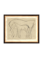 Croquis original dessiné à la main au crayon, représentant un poulain, sur papier mat. Moment entre une mère et son poulain.