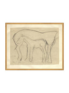 Croquis original dessiné à la main au crayon, représentant un poulain, sur papier mat. Moment entre une mère et son poulain.