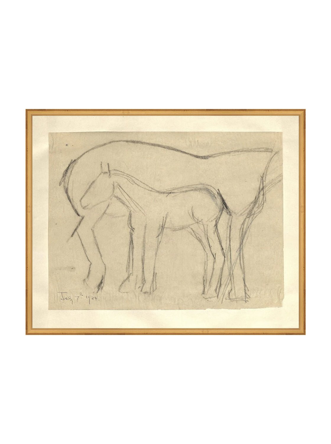 Croquis original dessiné à la main au crayon, représentant un poulain, sur papier mat. Moment entre une mère et son poulain.