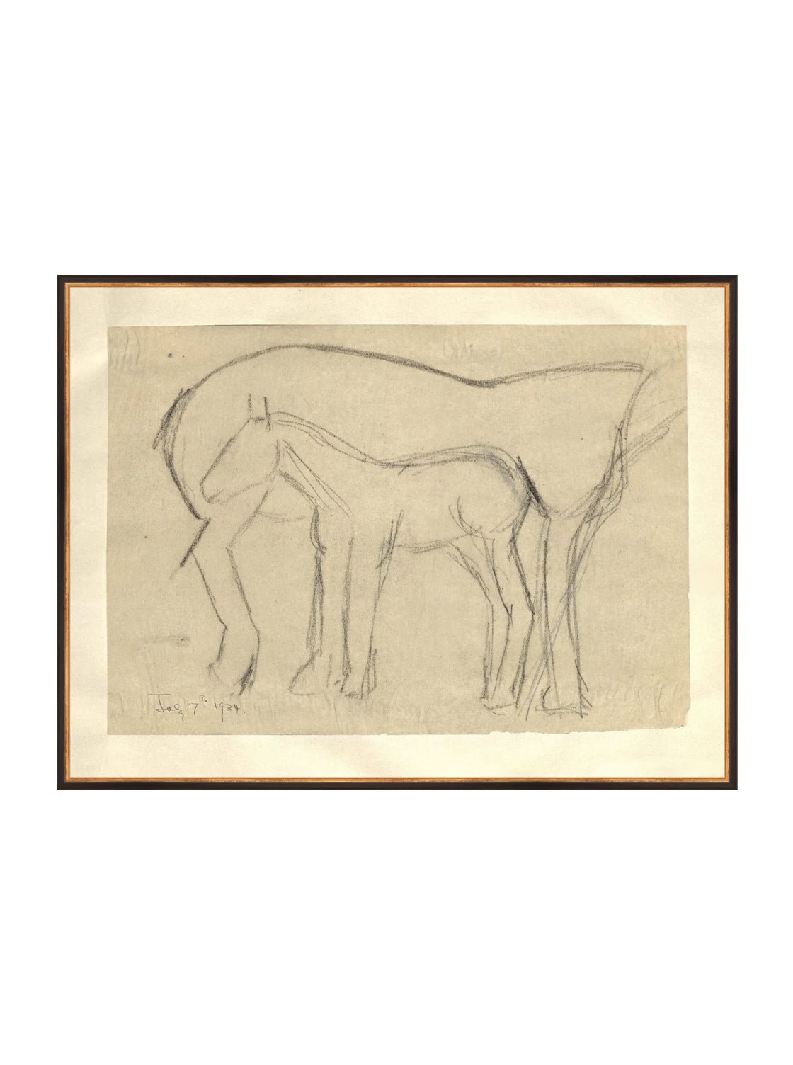 Croquis original dessiné à la main au crayon, représentant un poulain, sur papier mat. Moment entre une mère et son poulain.