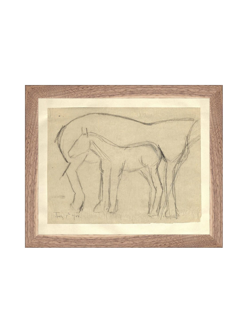 Croquis original dessiné à la main au crayon, représentant un poulain, sur papier mat. Moment entre une mère et son poulain.