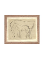 Croquis original dessiné à la main au crayon, représentant un poulain, sur papier mat. Moment entre une mère et son poulain.