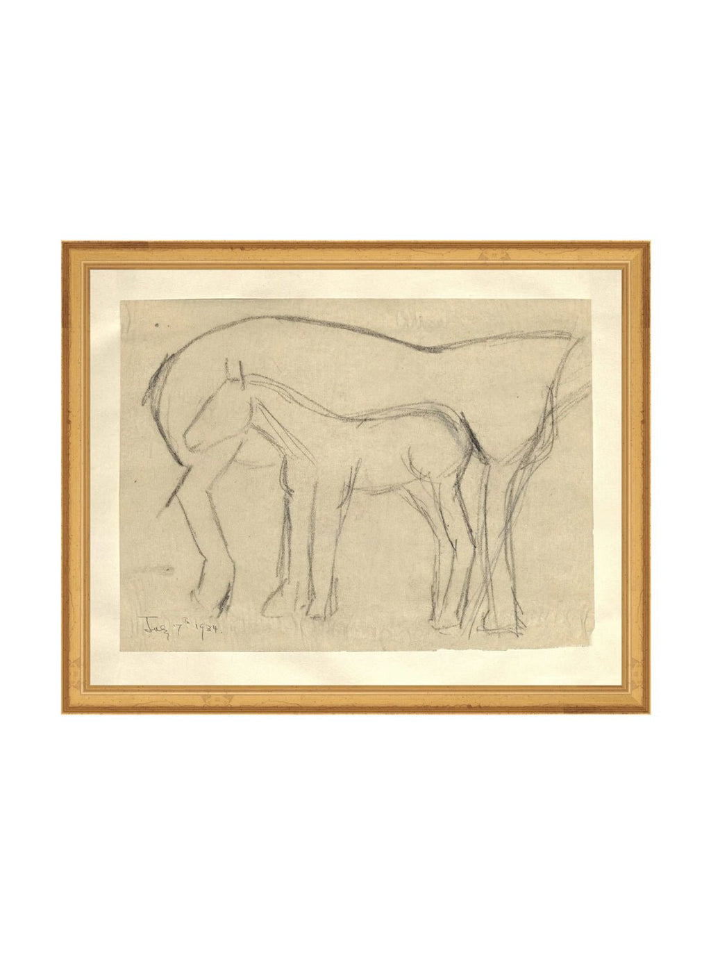 Croquis original dessiné à la main au crayon, représentant un poulain, sur papier mat. Moment entre une mère et son poulain.