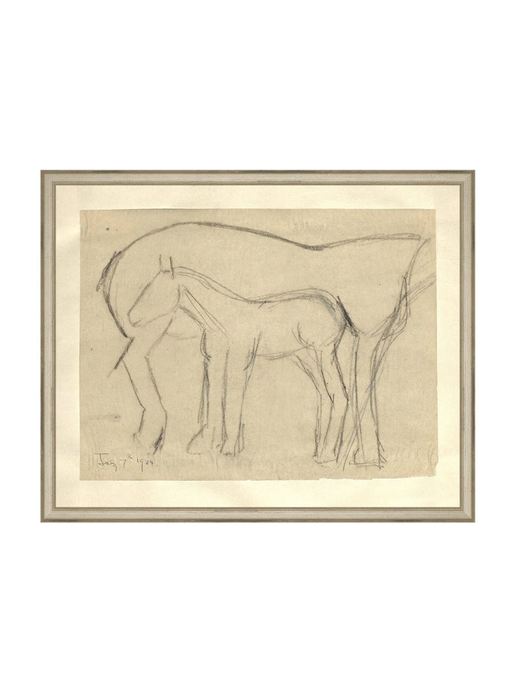 Croquis original dessiné à la main au crayon, représentant un poulain, sur papier mat. Moment entre une mère et son poulain.