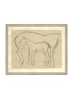 Croquis original dessiné à la main au crayon, représentant un poulain, sur papier mat. Moment entre une mère et son poulain.