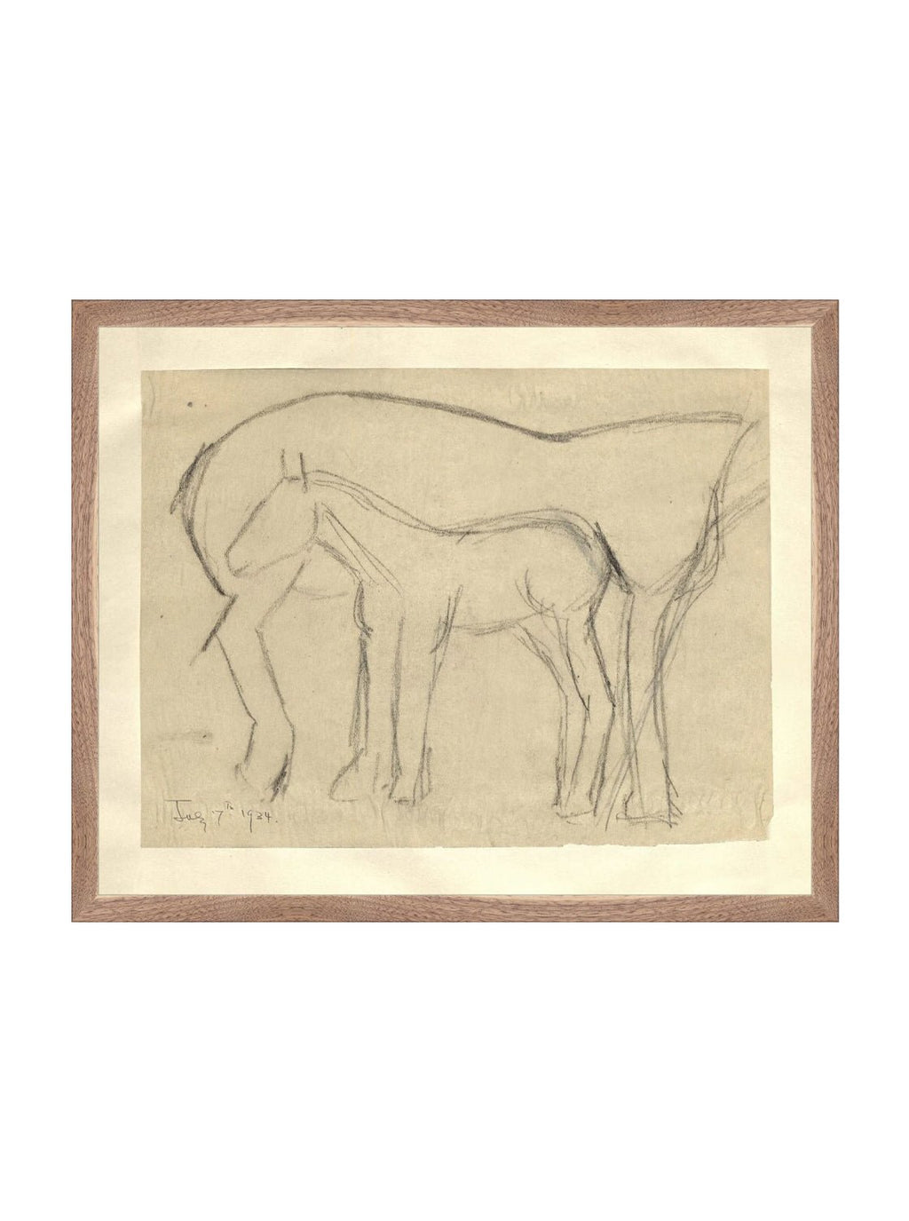 Croquis original dessiné à la main au crayon, représentant un poulain, sur papier mat. Moment entre une mère et son poulain.