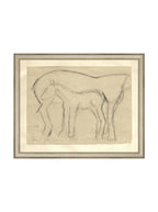 Croquis original dessiné à la main au crayon, représentant un poulain, sur papier mat. Moment entre une mère et son poulain.