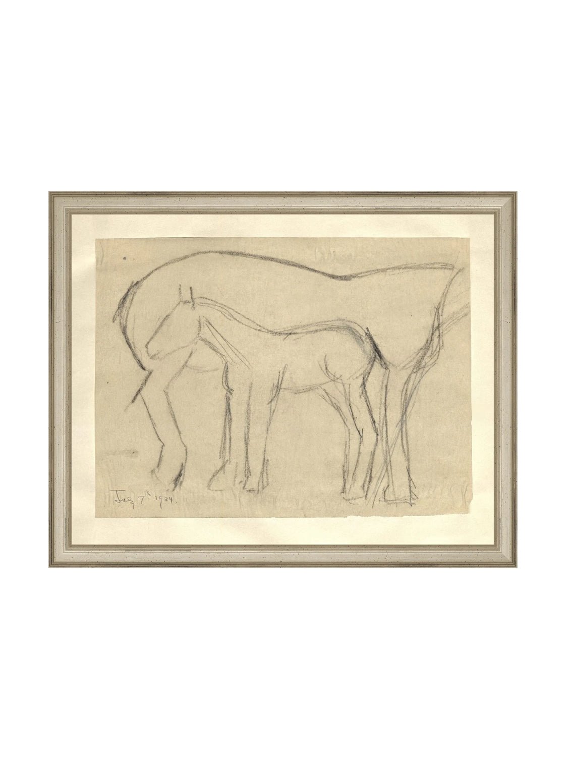 Croquis original dessiné à la main au crayon, représentant un poulain, sur papier mat. Moment entre une mère et son poulain.