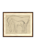 Croquis original dessiné à la main au crayon, représentant un poulain, sur papier mat. Moment entre une mère et son poulain.