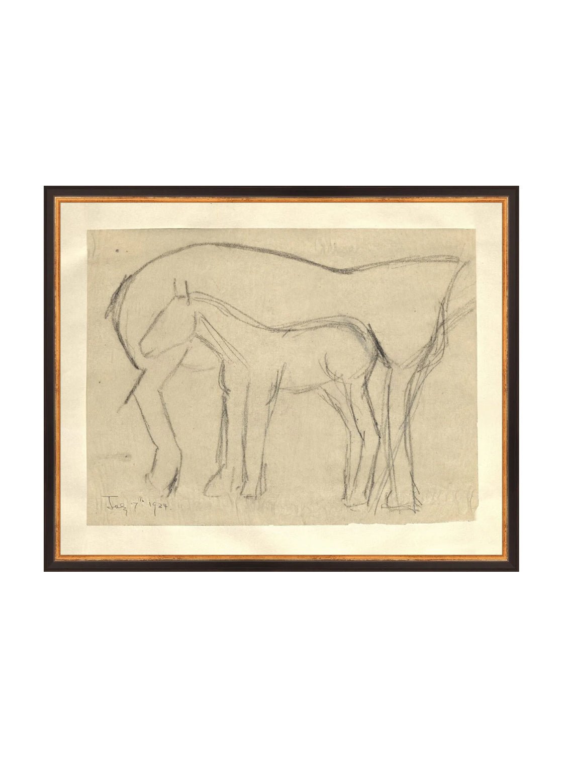 Croquis original dessiné à la main au crayon, représentant un poulain, sur papier mat. Moment entre une mère et son poulain.