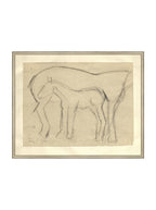 Croquis original dessiné à la main au crayon, représentant un poulain, sur papier mat. Moment entre une mère et son poulain.