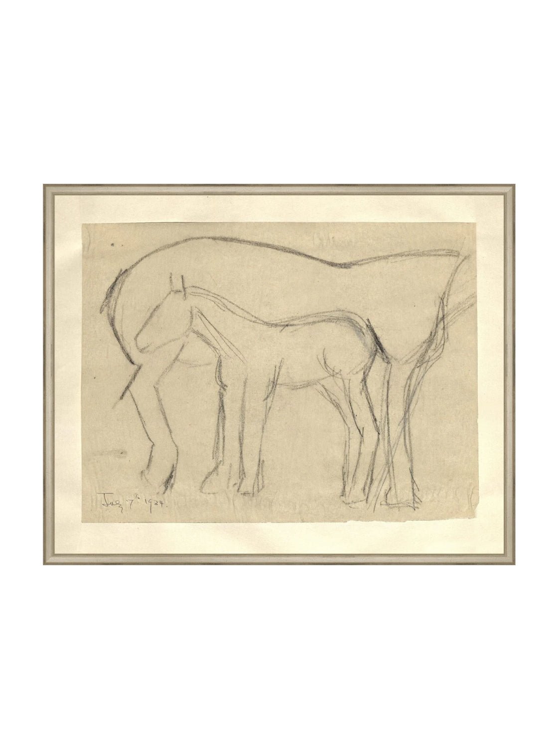 Croquis original dessiné à la main au crayon, représentant un poulain, sur papier mat. Moment entre une mère et son poulain.