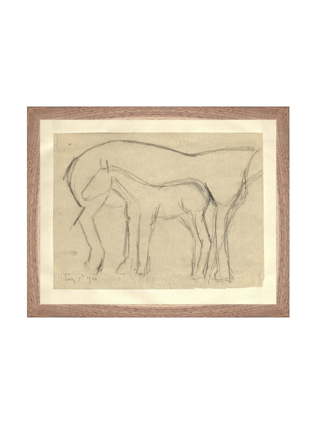 Croquis original dessiné à la main au crayon, représentant un poulain, sur papier mat. Moment entre une mère et son poulain.