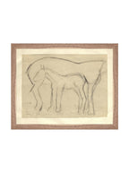 Croquis original dessiné à la main au crayon, représentant un poulain, sur papier mat. Moment entre une mère et son poulain.