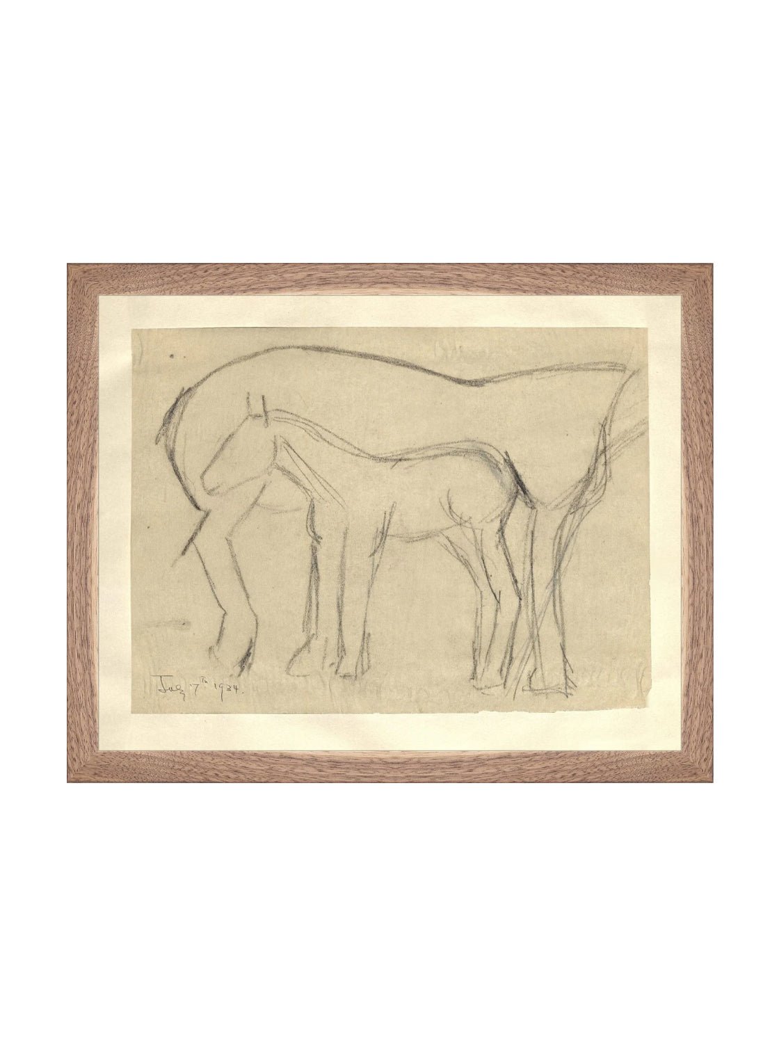 Croquis original dessiné à la main au crayon, représentant un poulain, sur papier mat. Moment entre une mère et son poulain.