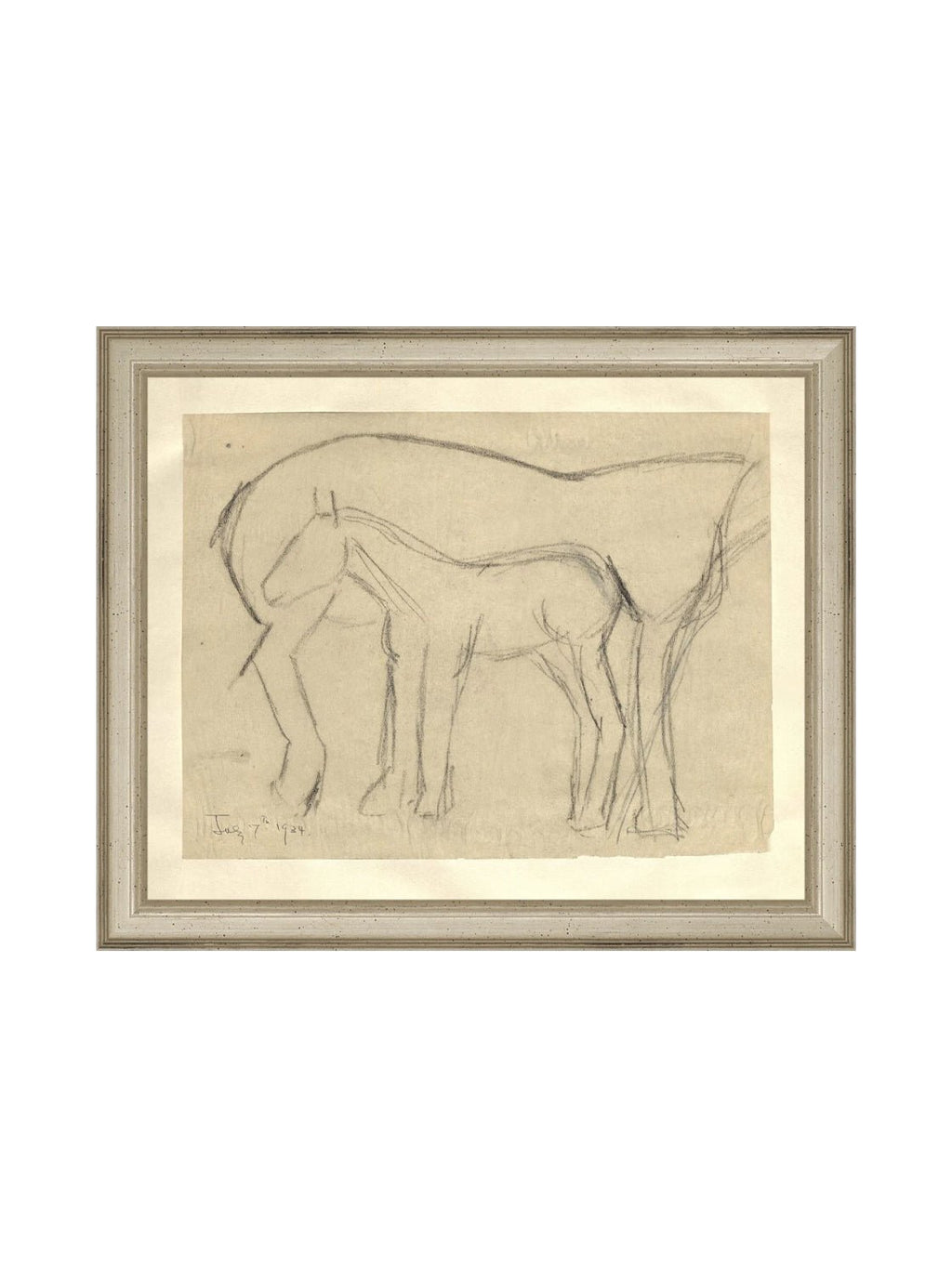 Croquis original dessiné à la main au crayon, représentant un poulain, sur papier mat. Moment entre une mère et son poulain.