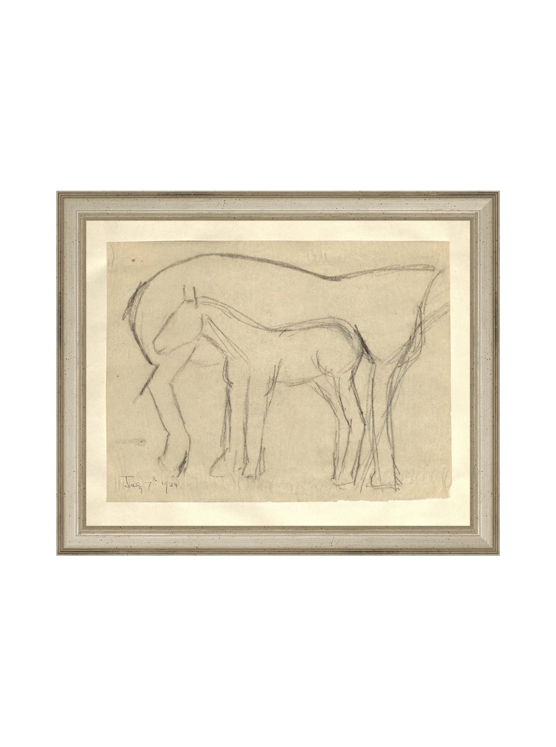 Croquis original dessiné à la main au crayon, représentant un poulain, sur papier mat. Moment entre une mère et son poulain.