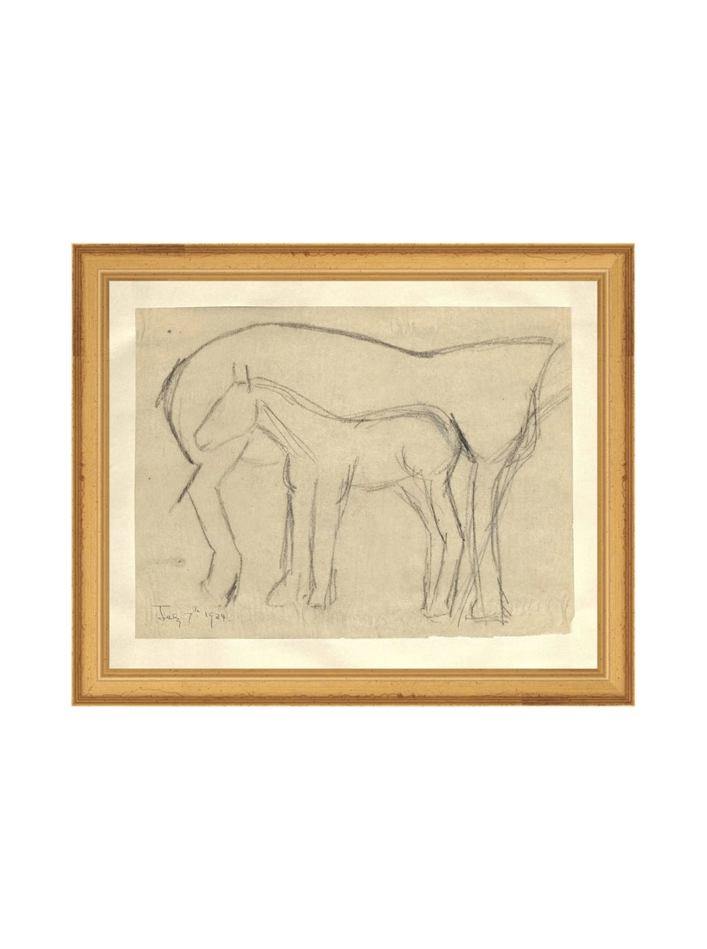 Croquis original dessiné à la main au crayon, représentant un poulain, sur papier mat. Moment entre une mère et son poulain.