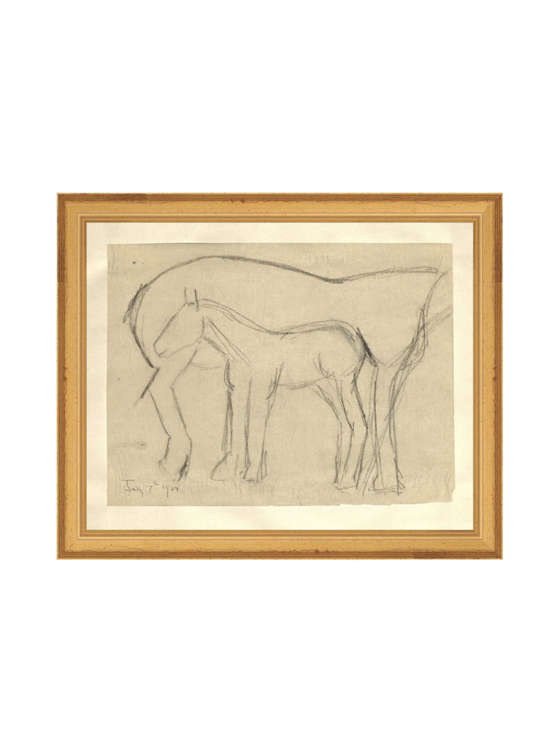 Croquis original dessiné à la main au crayon, représentant un poulain, sur papier mat. Moment entre une mère et son poulain.