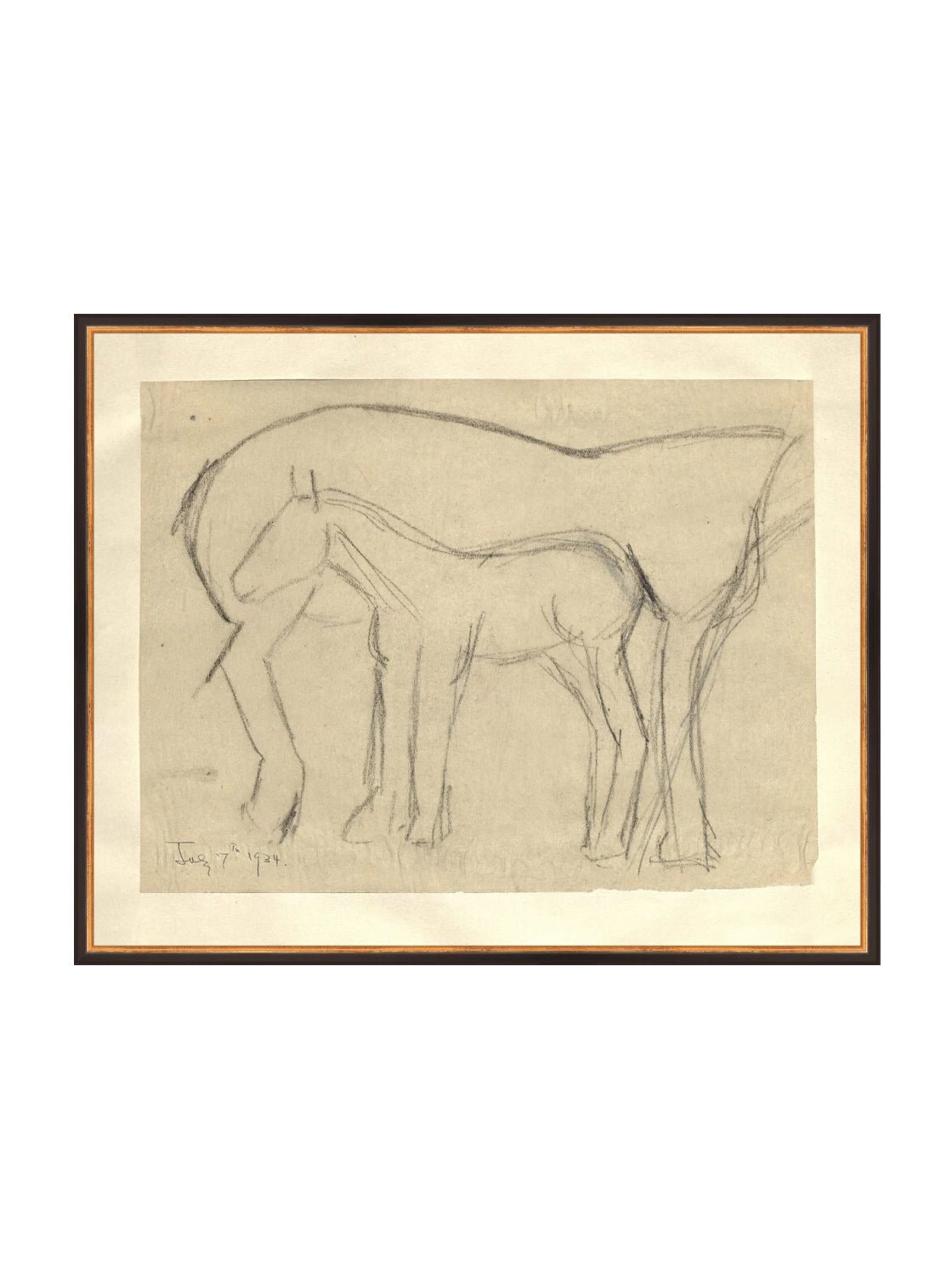 Croquis original dessiné à la main au crayon, représentant un poulain, sur papier mat. Moment entre une mère et son poulain.