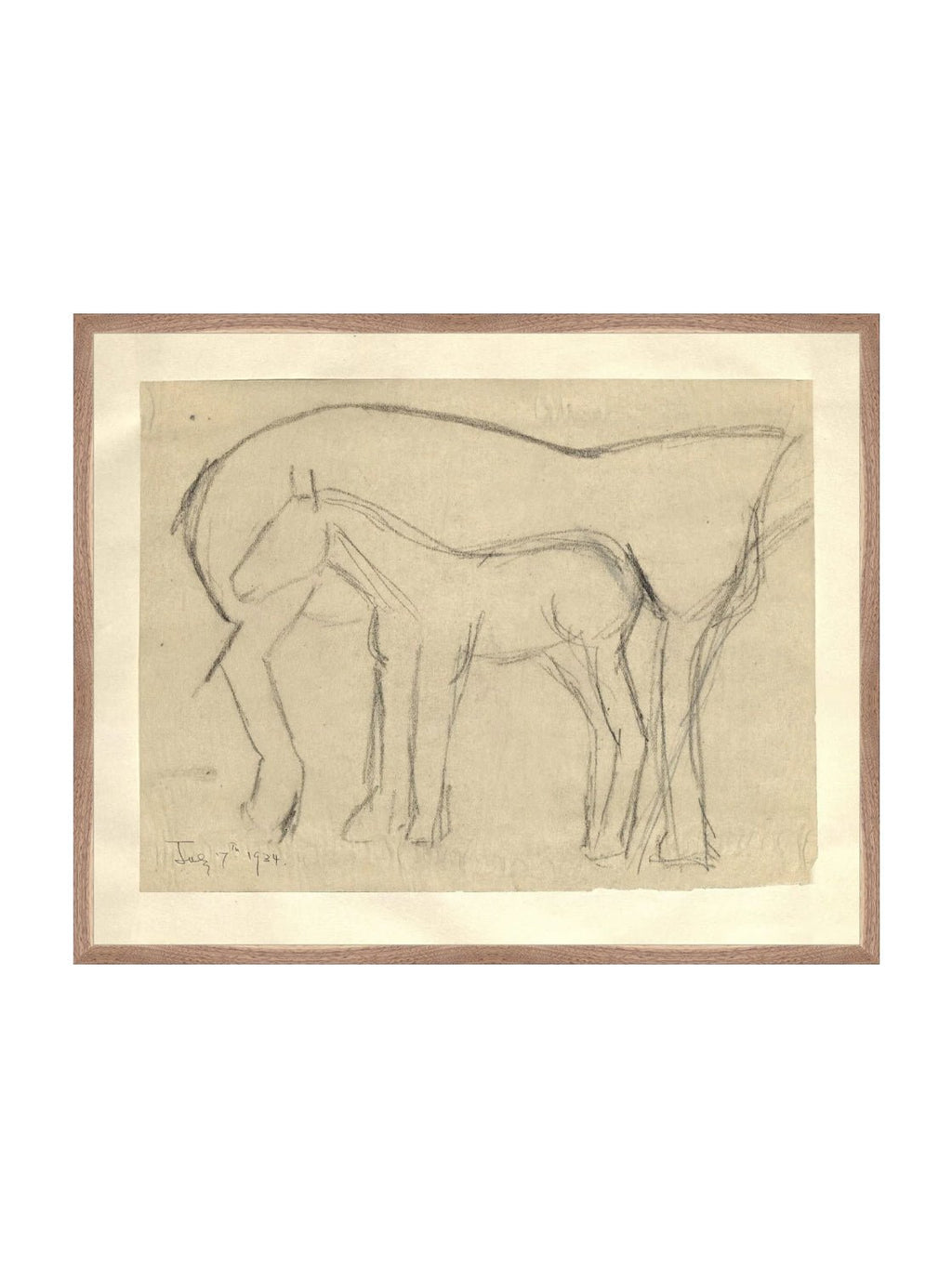 Croquis original dessiné à la main au crayon, représentant un poulain, sur papier mat. Moment entre une mère et son poulain.