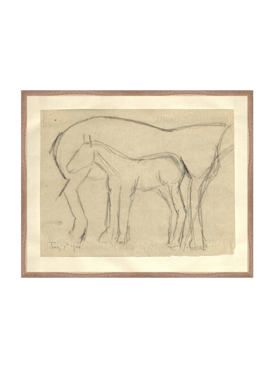 Croquis original dessiné à la main au crayon, représentant un poulain, sur papier mat. Moment entre une mère et son poulain.