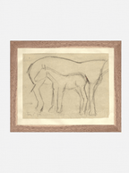 Croquis original dessiné à la main au crayon, représentant un poulain, sur papier mat. Moment entre une mère et son poulain.